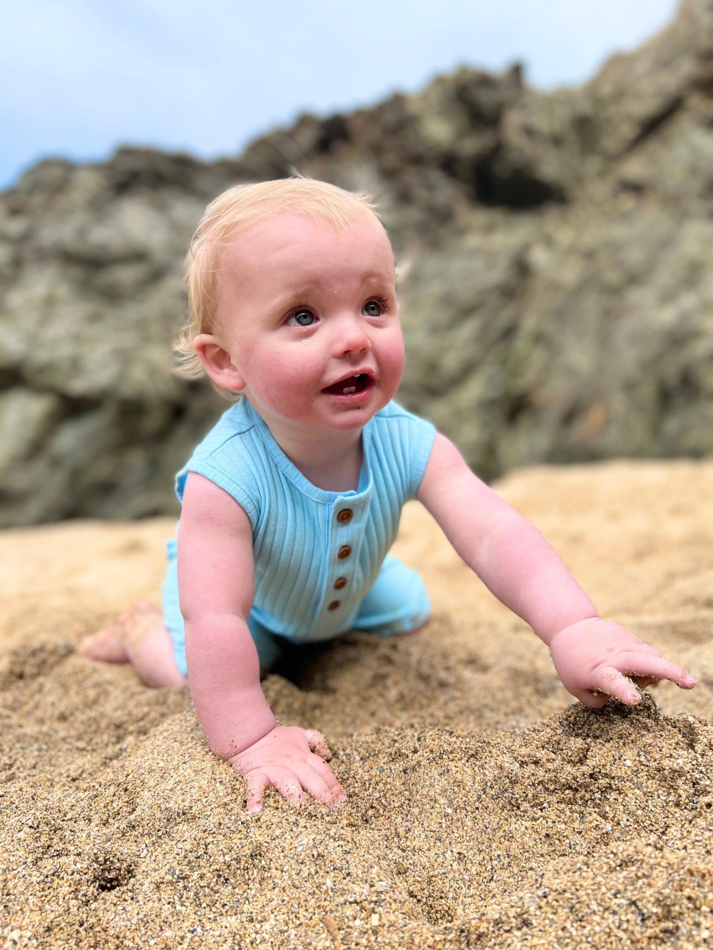 Ribbed Henley Romper- Blue