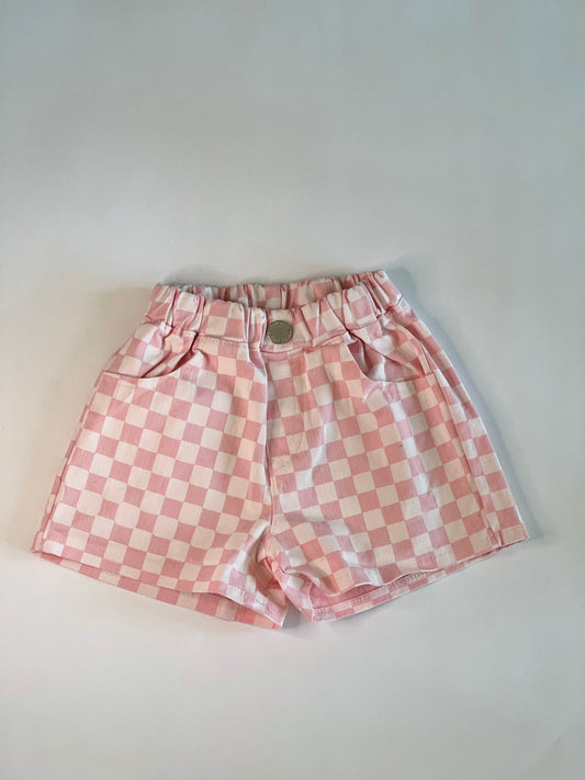 Pink Checkered Denim Shorts